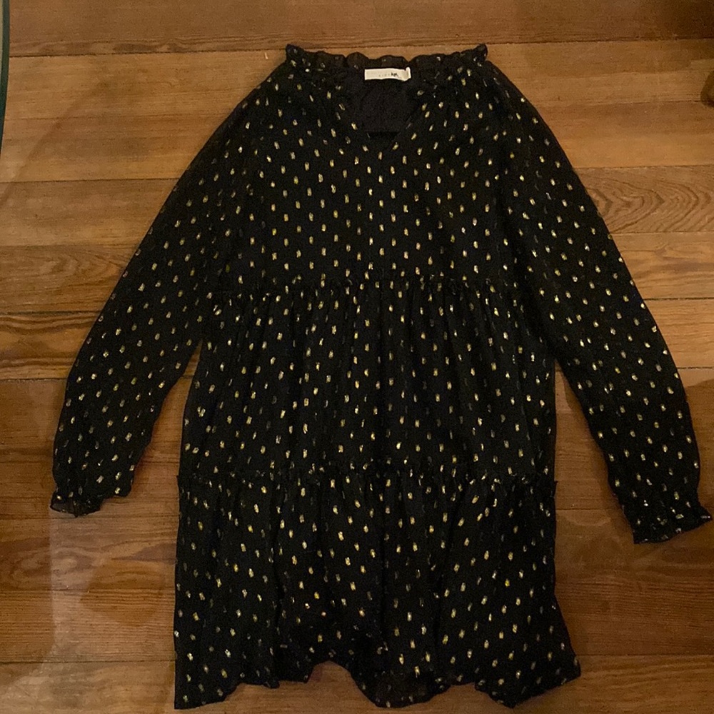 Stella McCartney kids dress, gold and navy fabric with ruffle around the waist.